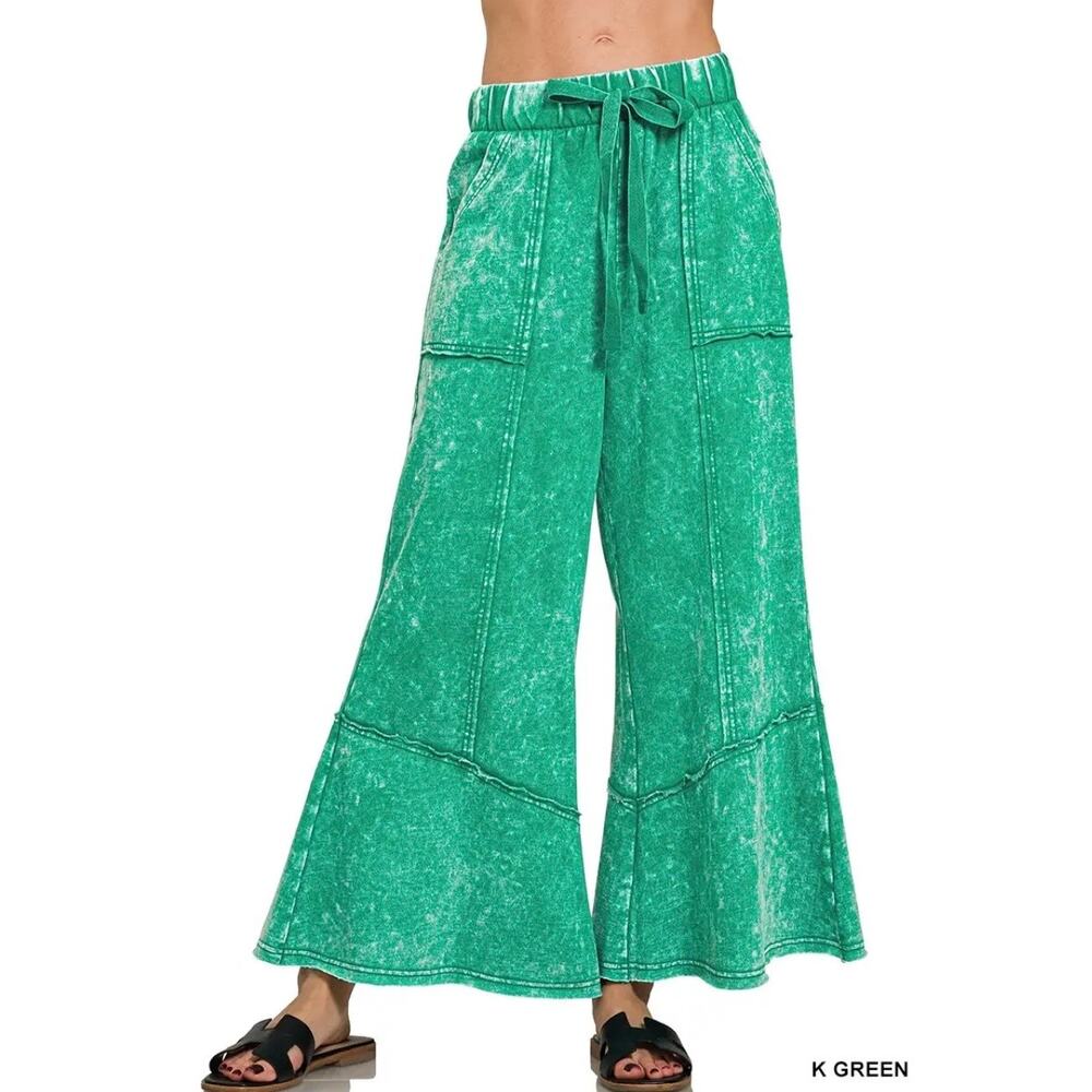 Zenana Mineral Wash Wide Leg Pants Small Green Cotton Lounge Palazzo